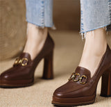 Women's Brown Thick-heeled Sheepskin Shoes
