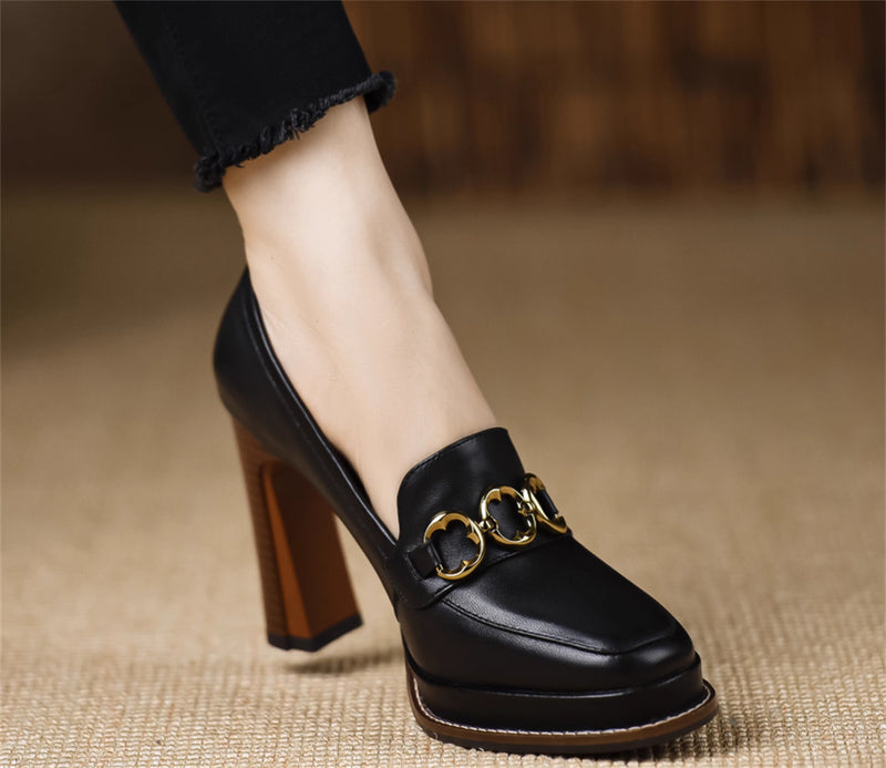 Women's Brown Thick-heeled Sheepskin Shoes