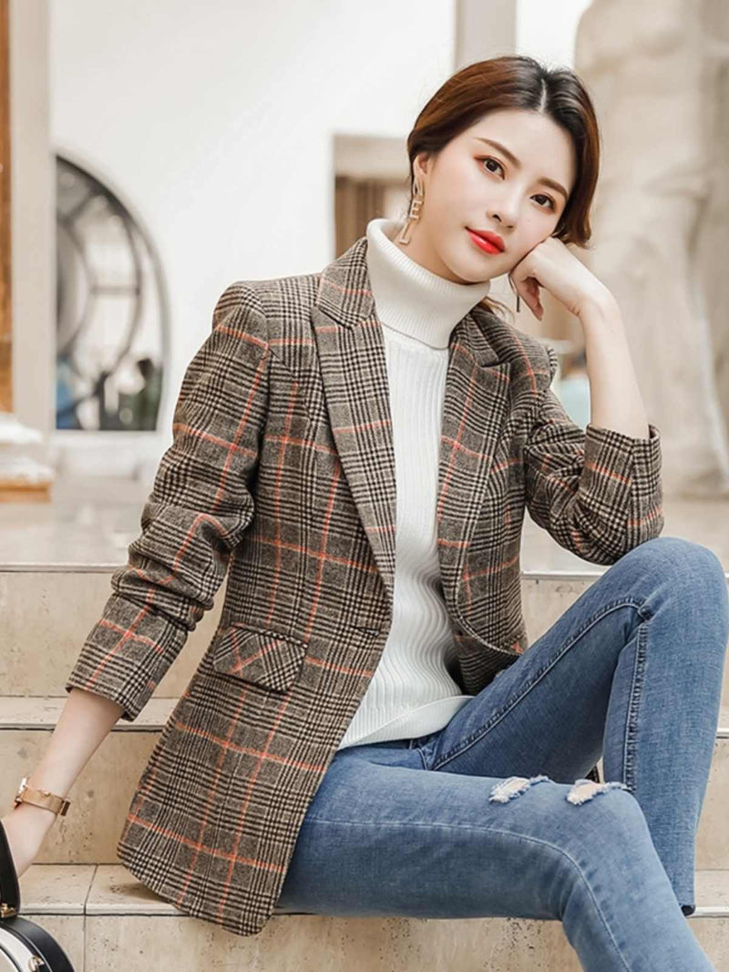 Waist Trimming Plaid Coat