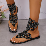 Summer Hollow Rhinestone Buckle Flat Toe Roman Sandals