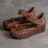 Slope Heel Comfortable Top Layer Cowhide Women's Shoes With Hollowed Out Toe Caps