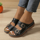 Women's Carved Belt Buckle Platform Wedge Lightweight Sandals