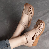 Slope Heel Comfortable Top Layer Cowhide Women's Shoes With Hollowed Out Toe Caps