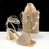 Square Toe Chunky Heel High Heels 8cm With Cylinder Handbag Shoes Bag Suit