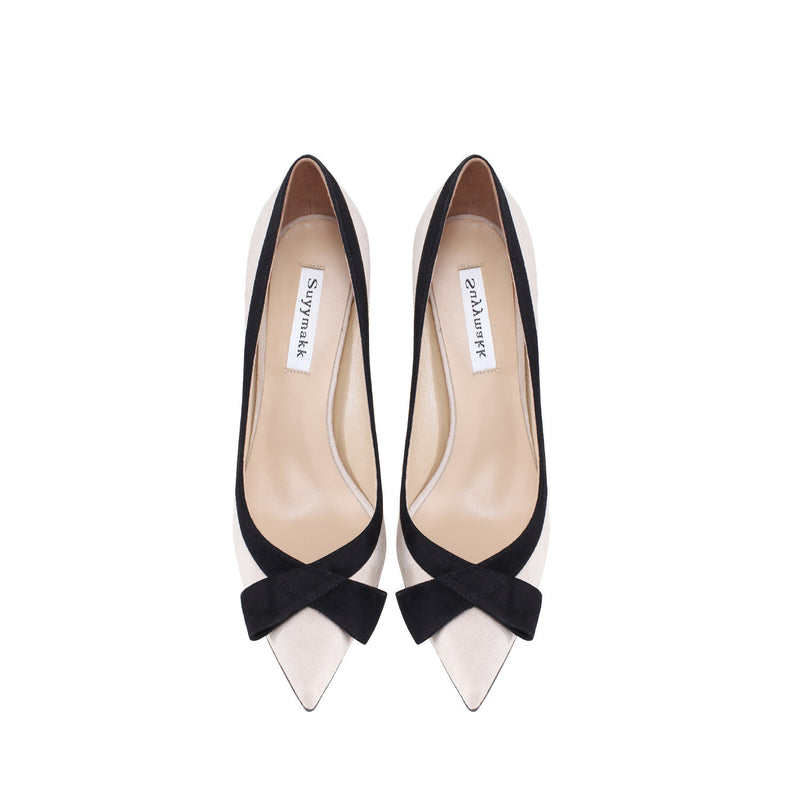 Women's Genuine Leather Apricot Bow Suede High Heels