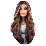 26-inch Elegant Women's Wig Brown Mixed Color Wavy Long Hair Synthetic Fiber Rose Mesh Cap Daily Wear