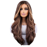 26-inch Elegant Women's Wig Brown Mixed Color Wavy Long Hair Synthetic Fiber Rose Mesh Cap Daily Wear